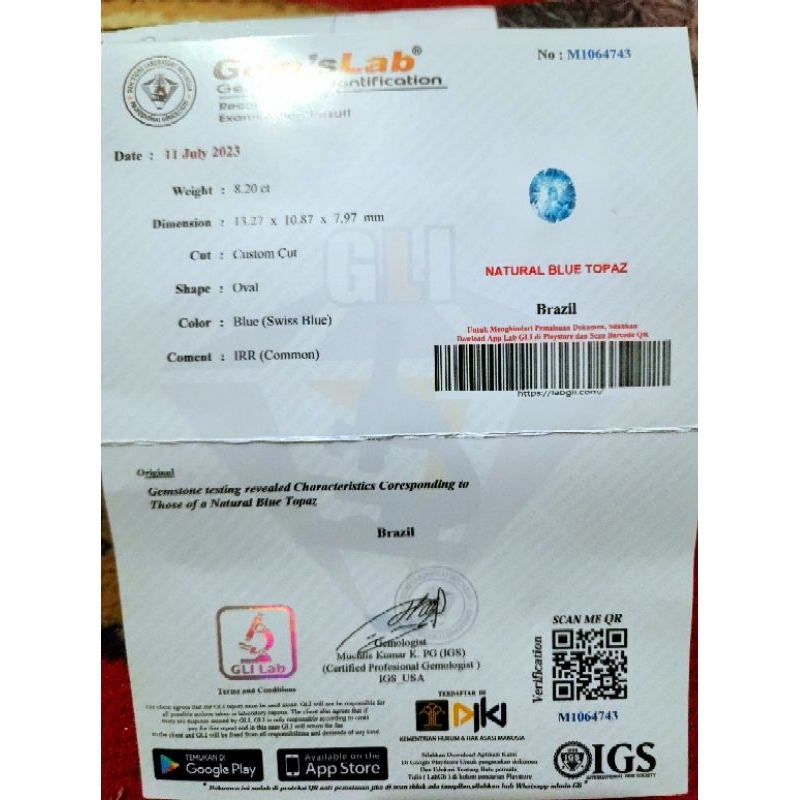 Swiss blue topaz ring perak memo passbook gli