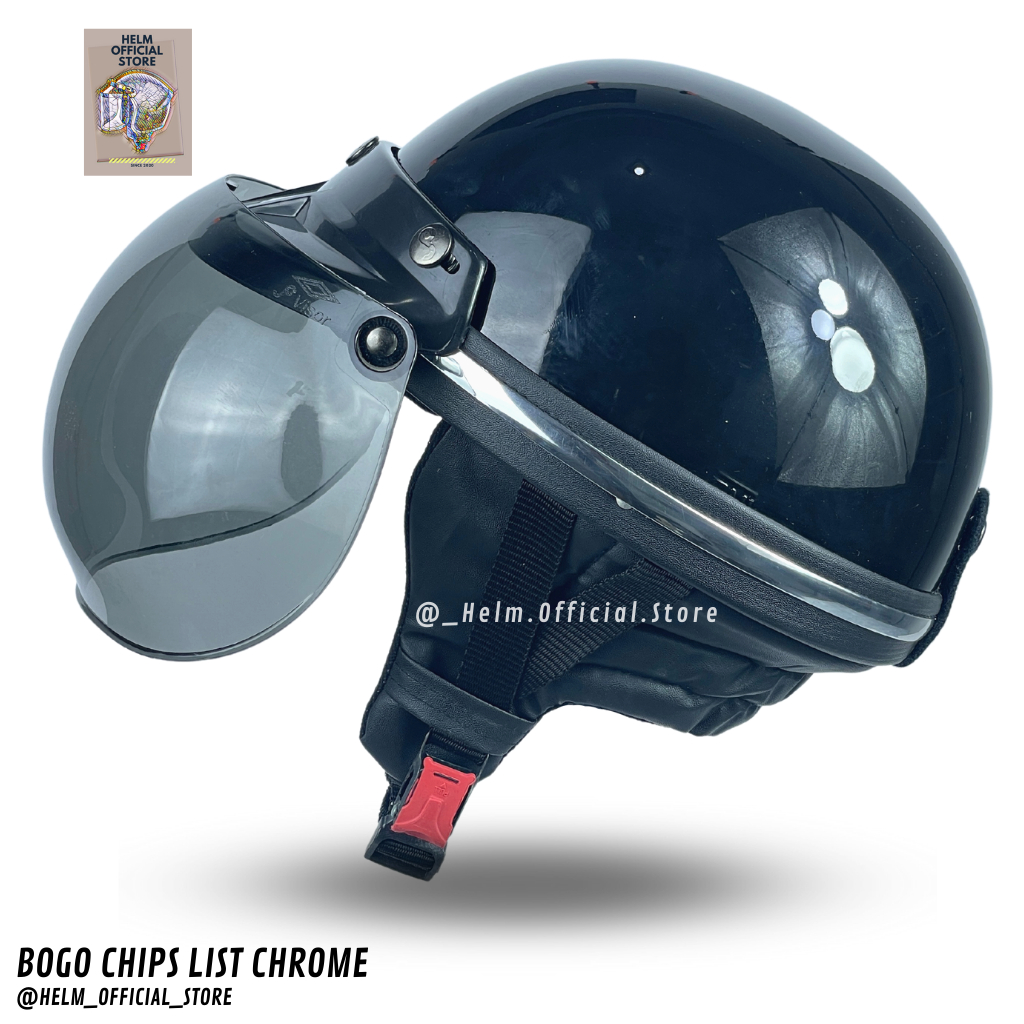 HELM BOGO CHIPS DEWASA RETRO LIST CHROME POLOS KACA CEMBUNG HITAM BENING SNI