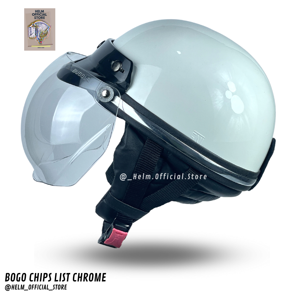 HELM BOGO CHIPS DEWASA RETRO LIST CHROME POLOS KACA CEMBUNG HITAM BENING SNI