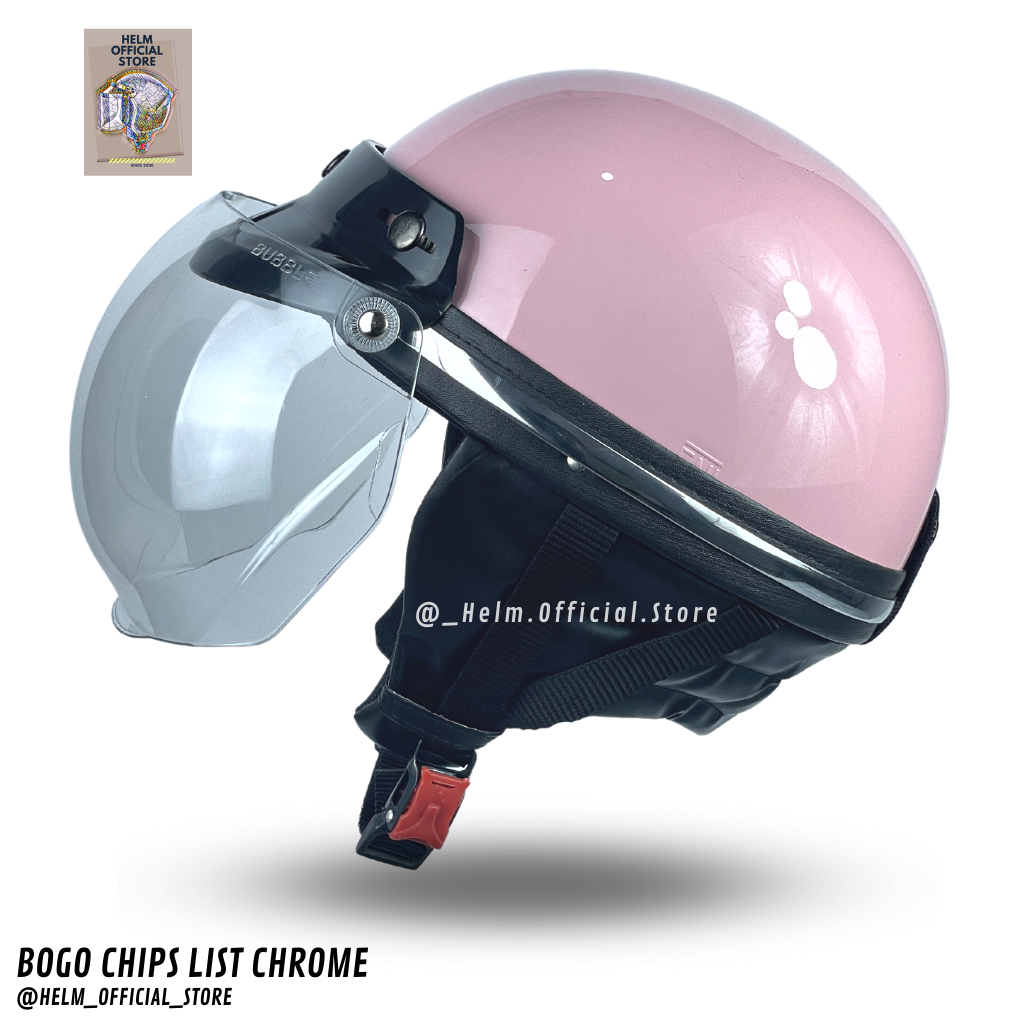 HELM BOGO CHIPS DEWASA RETRO LIST CHROME POLOS KACA CEMBUNG HITAM BENING SNI