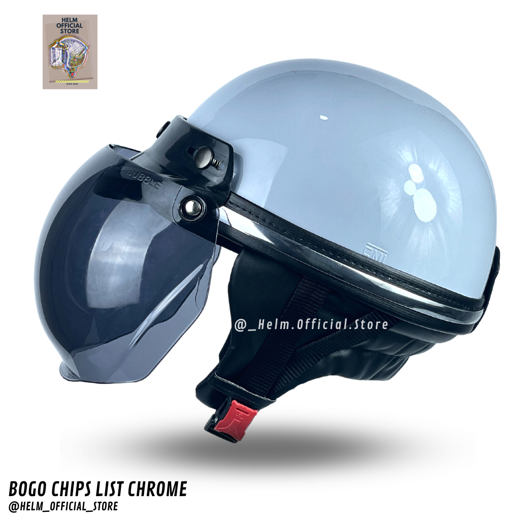 HELM BOGO CHIPS DEWASA RETRO LIST CHROME POLOS KACA CEMBUNG HITAM BENING SNI