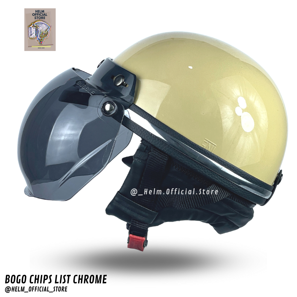 HELM BOGO CHIPS DEWASA RETRO LIST CHROME POLOS KACA CEMBUNG HITAM BENING SNI