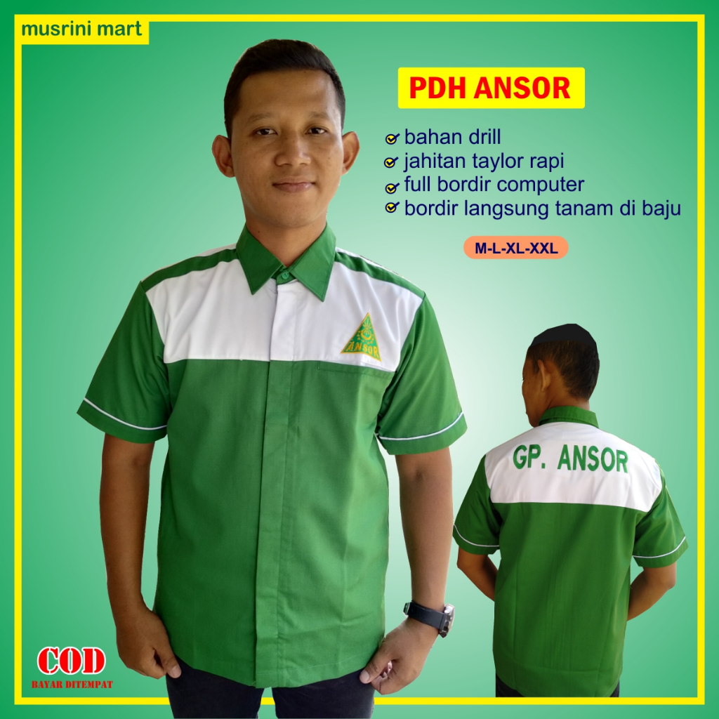 Pdh Ansor Baju Seragam Pdh Ansor Hijau Putih Full Bordir Computer Tanam Jahitan Rapi Musrini Mart