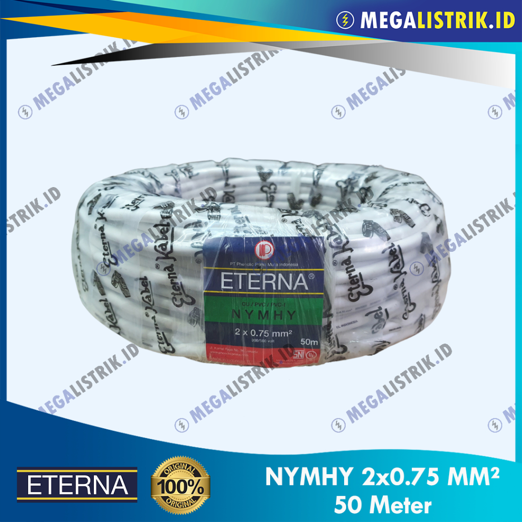 ETERNA NYMHY 2X0.75 MM ( 50 METER ) / KABEL LISTRIK PUTIH SERABUT TEMBAGA NYM HY 2 X 0.75 MM / 2 X 0