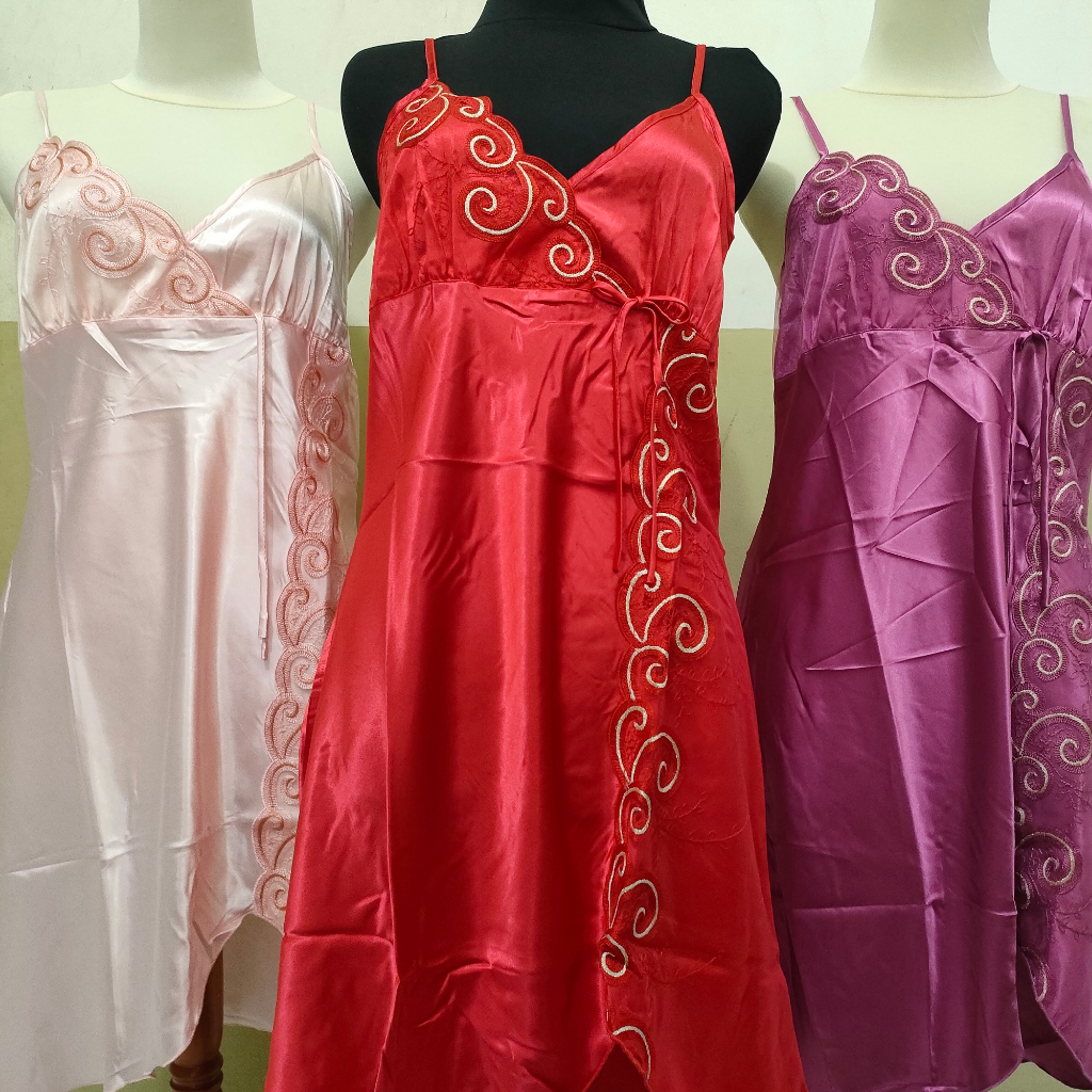 Baju Tidur Premium Satin Tanpa Lengan All Size Satin Silk Dress Motif Bordir