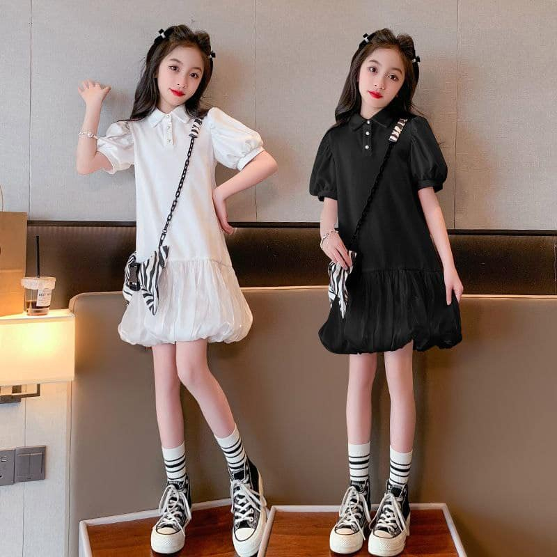 Dress Berkerah Anak Remaja Perempuan   Rok Balon Hitam , Putih Polos / Dress Fashion Anak Perempuan