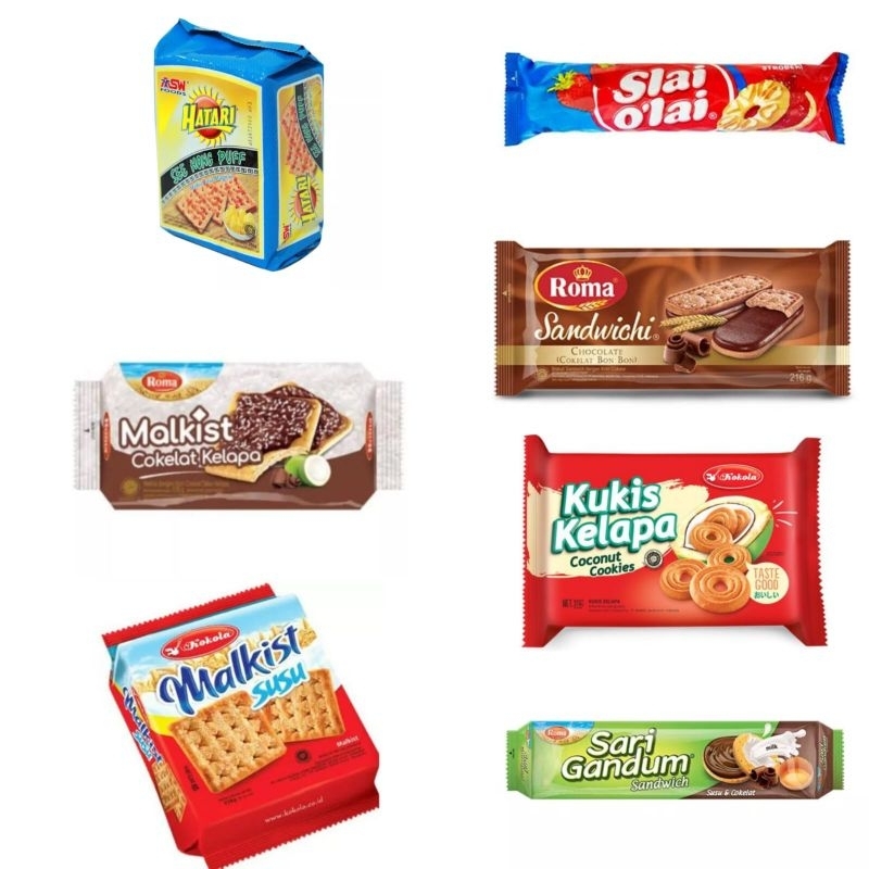 

Biskuit hatari, malkis, kukis, sandwich, slai olai, sari gandum, malkis coklat kelapa