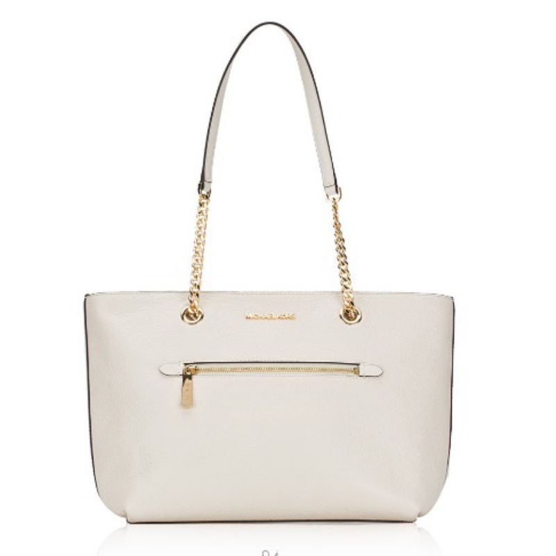 Michael Kors Jet Set Item Leather Medium Front Zip Chain Tote Light Cream m