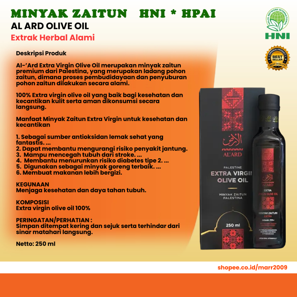 

AL ARD OLIVE OIL - Minyak Zaitun Premium - Original Palestina - HNI HPAI