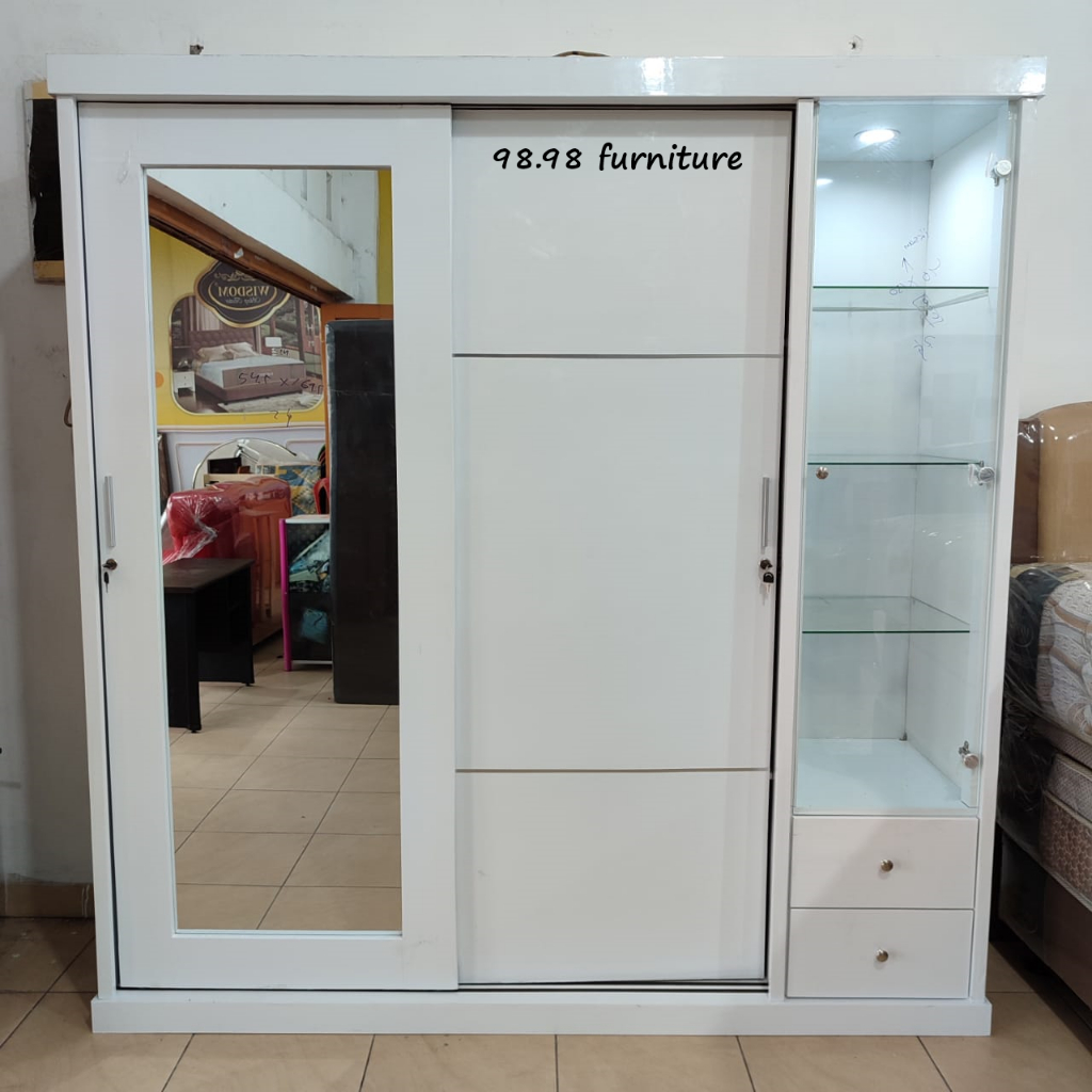 Lemari Pakaian 3 Pintu Set Kaca Hias Tempahan