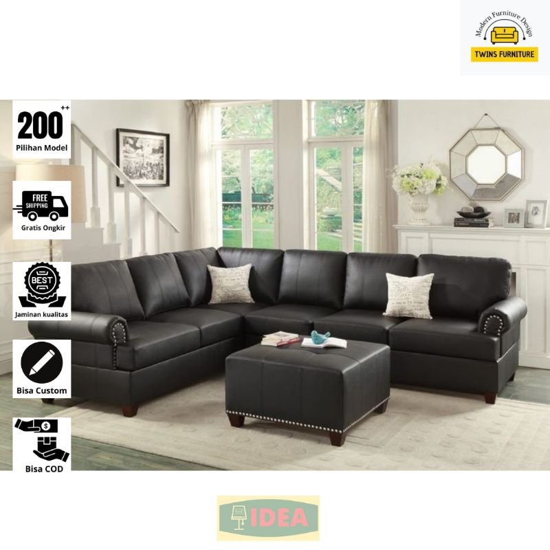 IDEA - Sofa Keluarga L Sudut Full kulit Hitam Elegant Kursi Tamu Modern