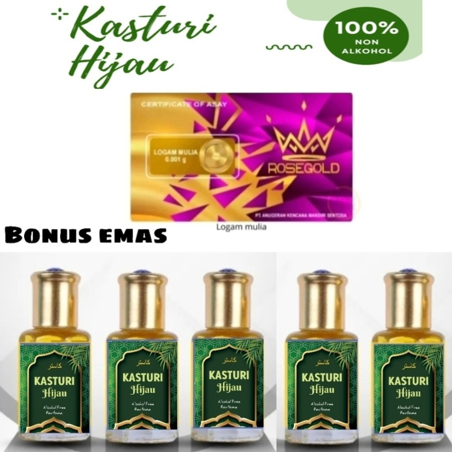 PROMO 5 BOTOL PARFUM KASTURI HIJAU BONUS EMAS PARFUM NON ALKOHOL 6ML