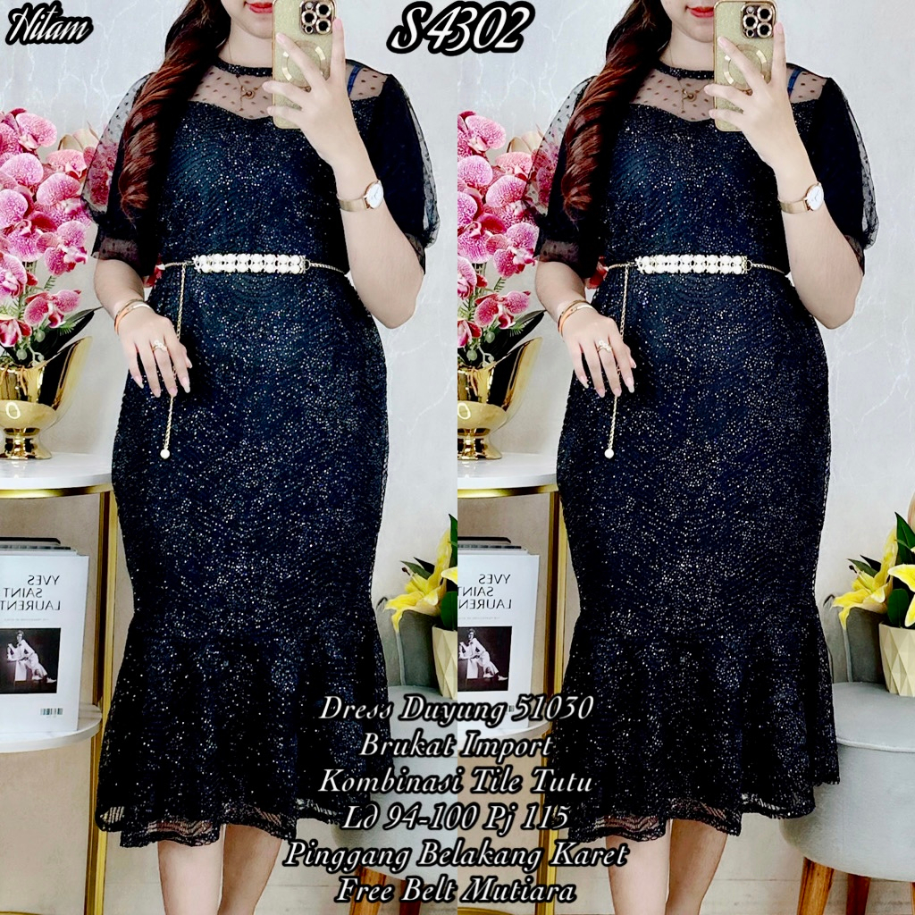 S 4302 #Dress Duyung Brukat Hitam Hitam+Belt H