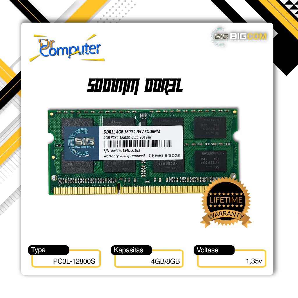Ram Bigcom 4GB/8GB PC12800 RAM Laptop SODIMM GARANSI RESMI 1.35V DDR3L