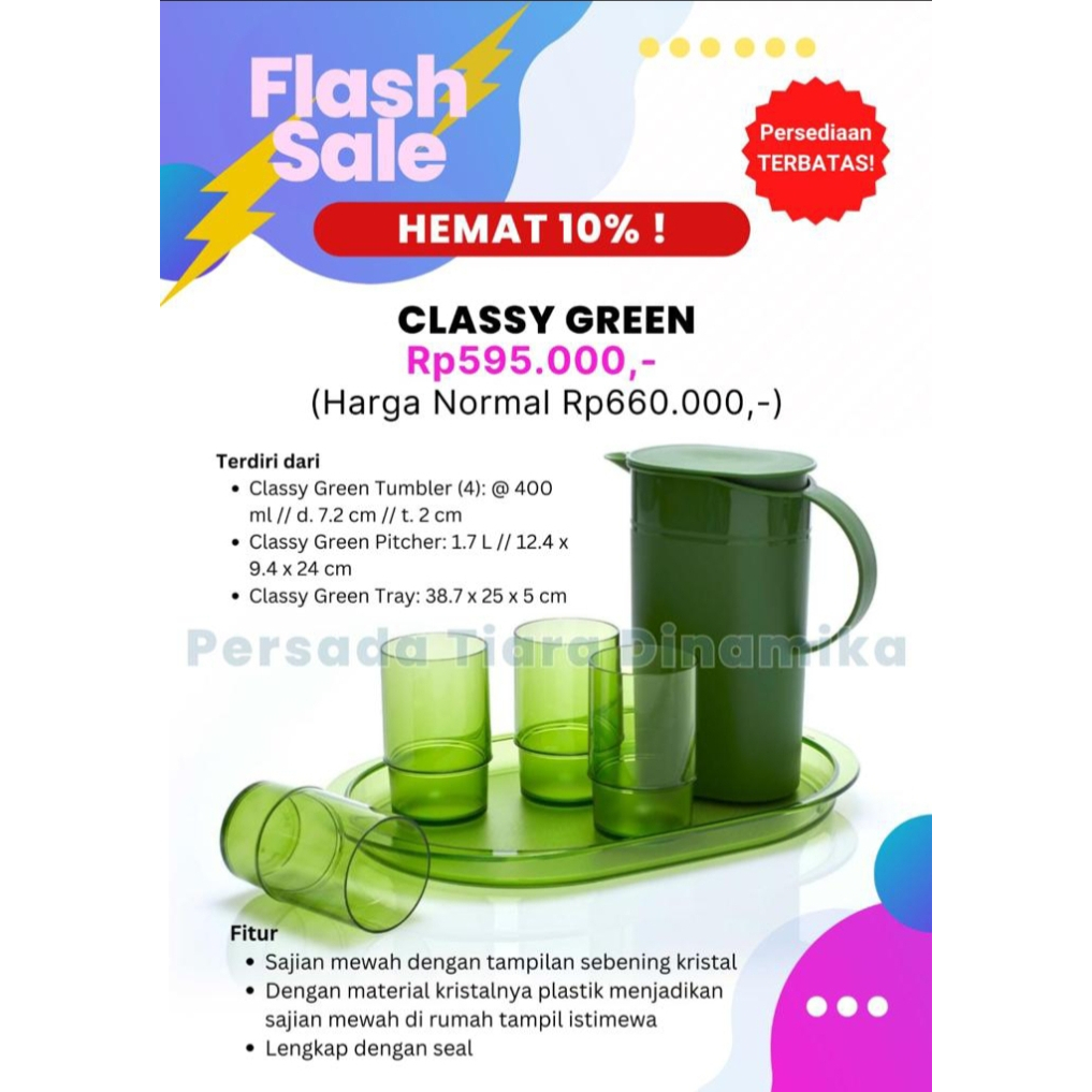 TUPPERWARE CLASSY GREEN TUMBLER (4), PITCHER DAN TRAY - ALAT MINUM SET