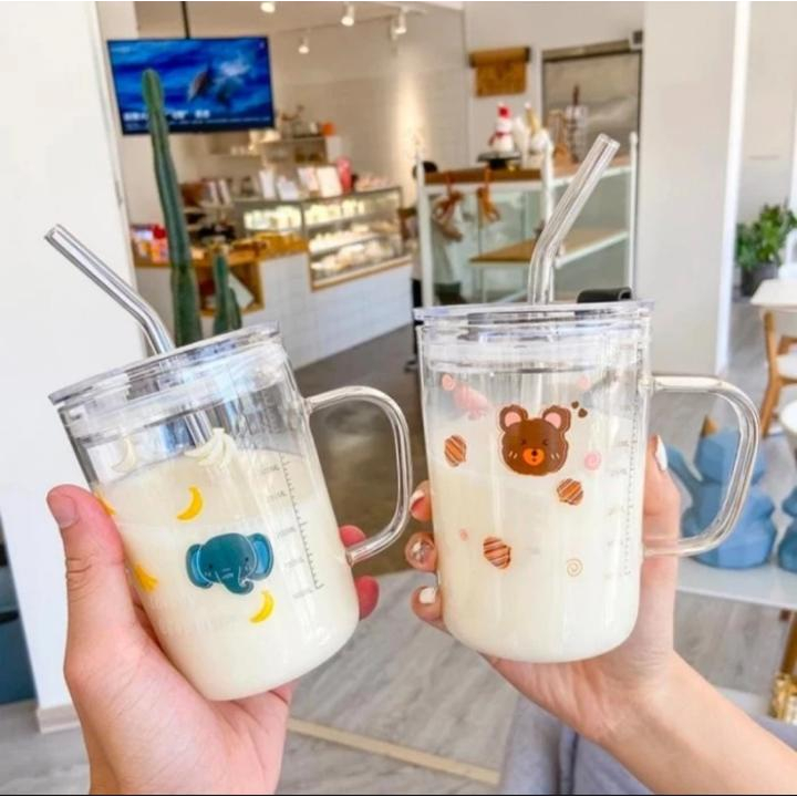 Gelas Minum Transparan Kekinian Motif Animal Gelas Kaca Mug Minum Susu