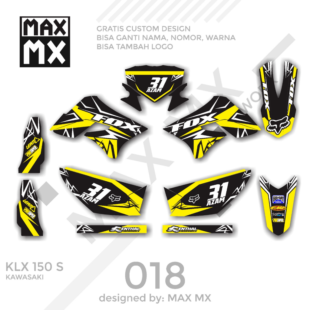 decal keren stiker full body klx 150 s variasi striping motif fox hitam list kuning putih