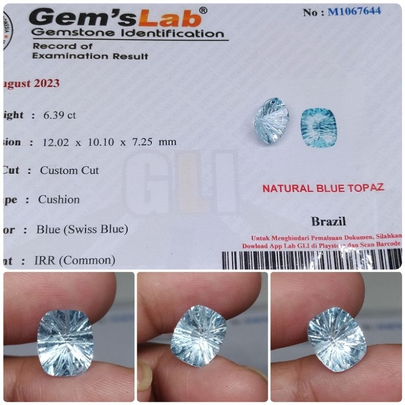 Natural Swiss blue Topaz 6,4 ct memo GLI top Luster