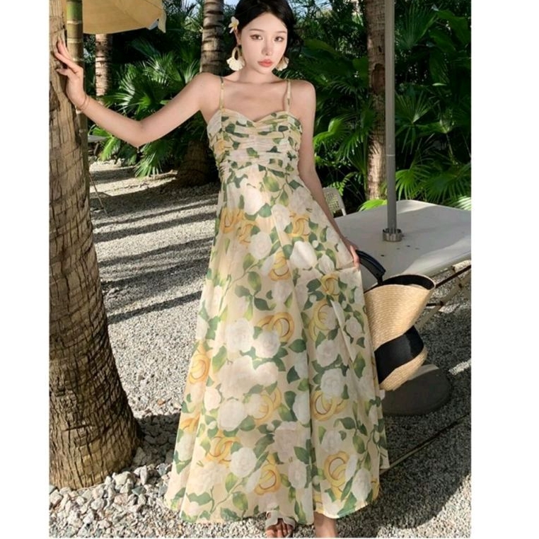 03340 Baju minidress FLORAL CAMISOLE tanpa lengan lekbong mini dress motif bunga dres Korea Korean s