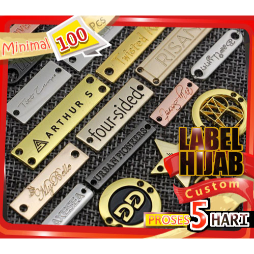 Jual label plat hijab custom free design untuk aksesoris kerudung dan pin jilbab desain bebas bahan 