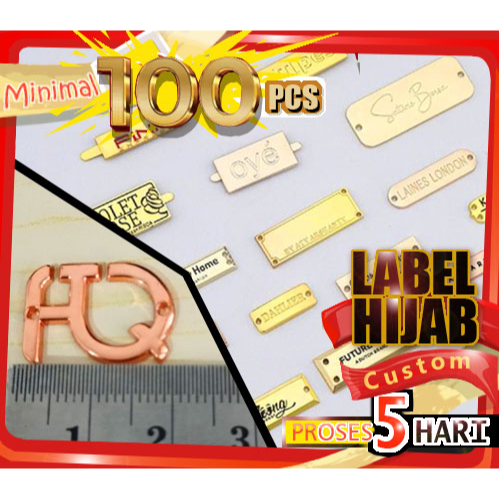 Pemasok label plat jilbab custom bahan alloy desain 3D antikarat dengan krum warna gold silver roseg