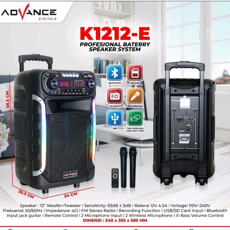 Speaker Advance K1212 E Bluetooth 12 inch 2 Mic Wireless / K1212E Bluetooth speker 12 inci 2 Mic Wir