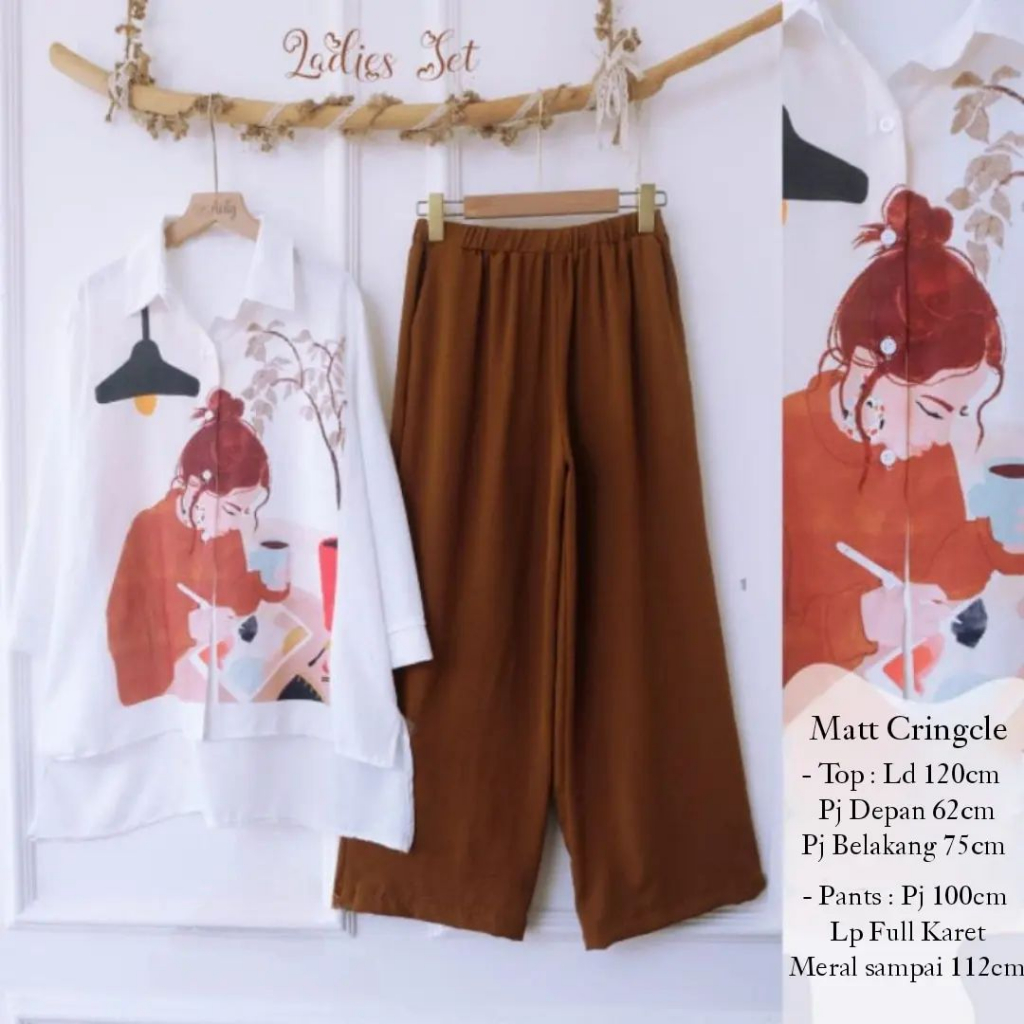 LADIES SET Baju Setelan Jumbo Wanita Dewasa Bahan Crinkle Mix Sablon Size M L XL XXL 3XL One Set Wan