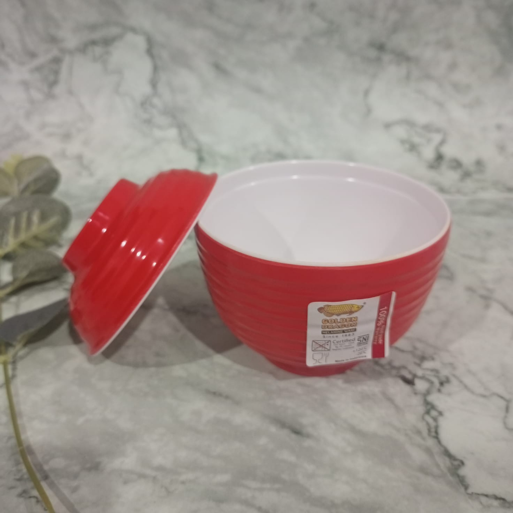 Mangkok MELAMIN Jepang W06A8 MERAH GADING  dengan tutup Golden Dragon diameter 9.8 cm
