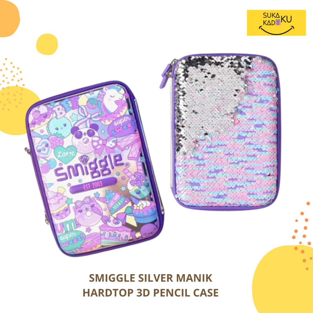 

SMIGGLE Sequin Hardtop Pencil Case Manik Kotak Tempat Pensil 3D Pouch Anak