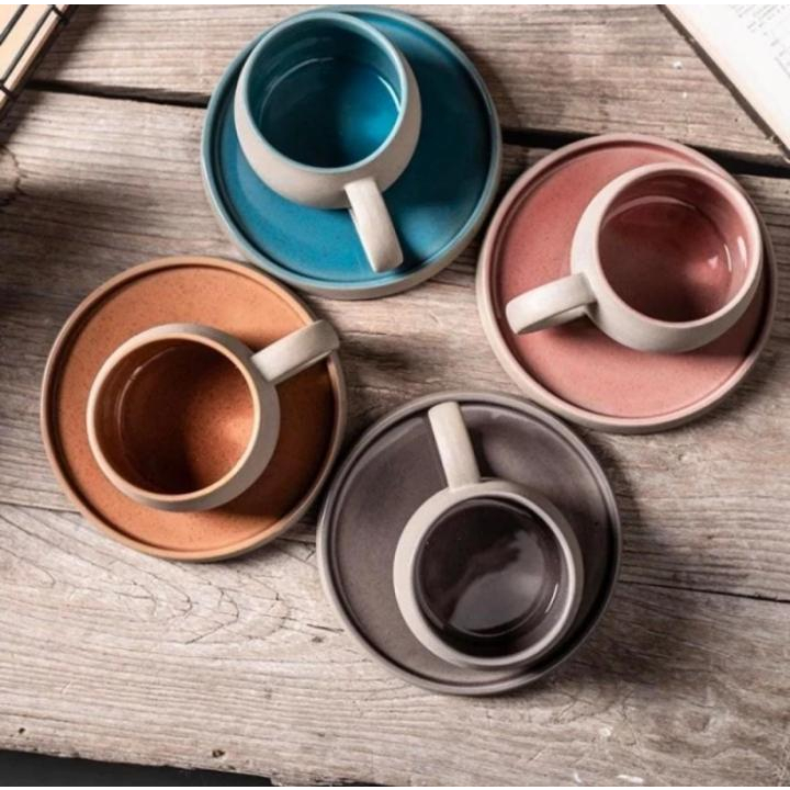Gelas Teh Set Tatakan Keramik Vintage Ala Jepang Kekinian Simple Polos
