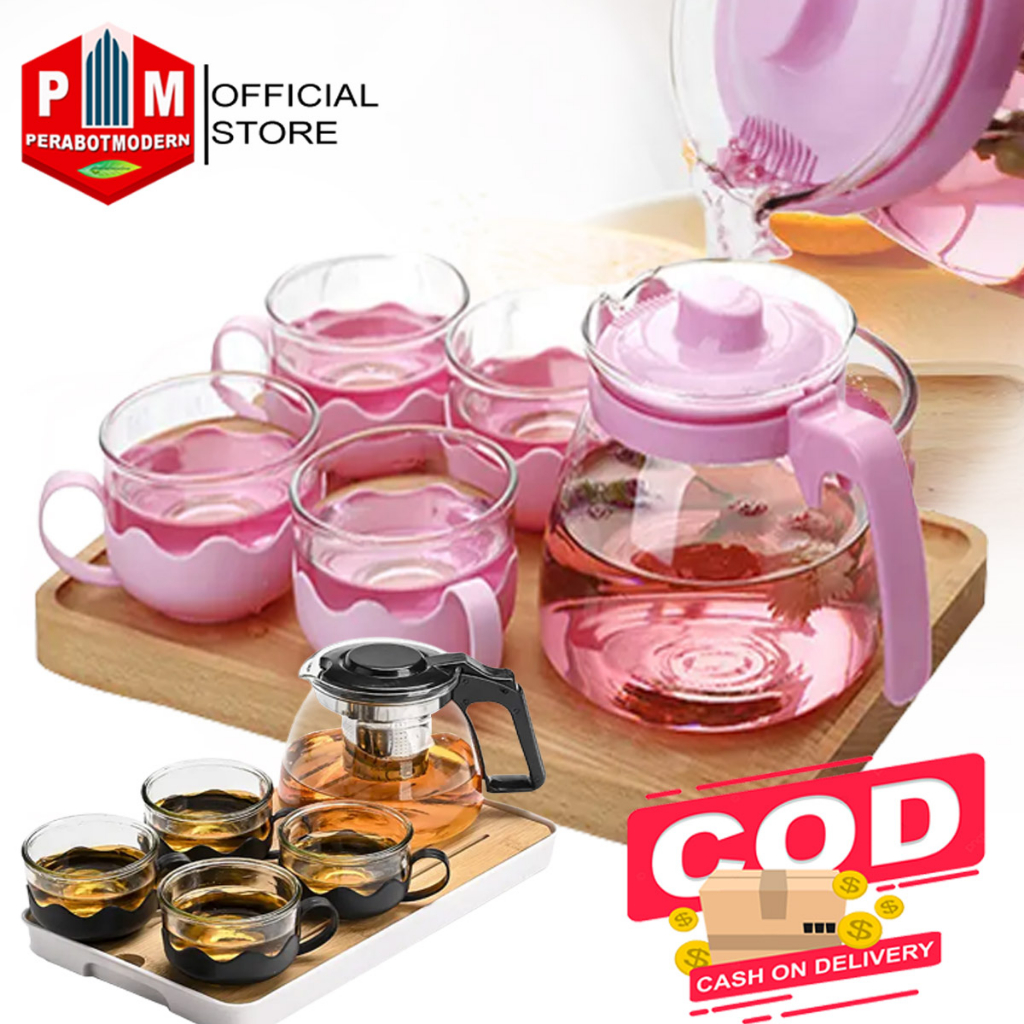 Teapot sun set glass Teko Set 5pc non saringan  / Teapot-with Glass Infuser Tea / Tea Pot