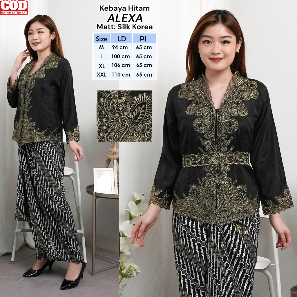 Atasan Kebaya Bordir Modern Lengan Panjang Warna Hitam Emas Elegan Mewah Kekinian Alexa