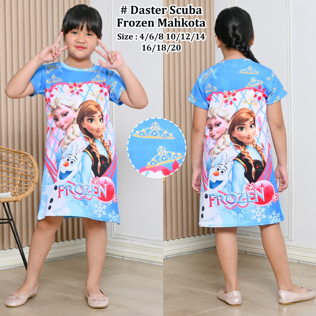 DASTER FROZEN ANA ELSA ANAK PEREMPUAN BAHAN SCUBA IMPORT DASTER ANAK PEREMPUAN MOTIF FROZEN UMUR 2-9