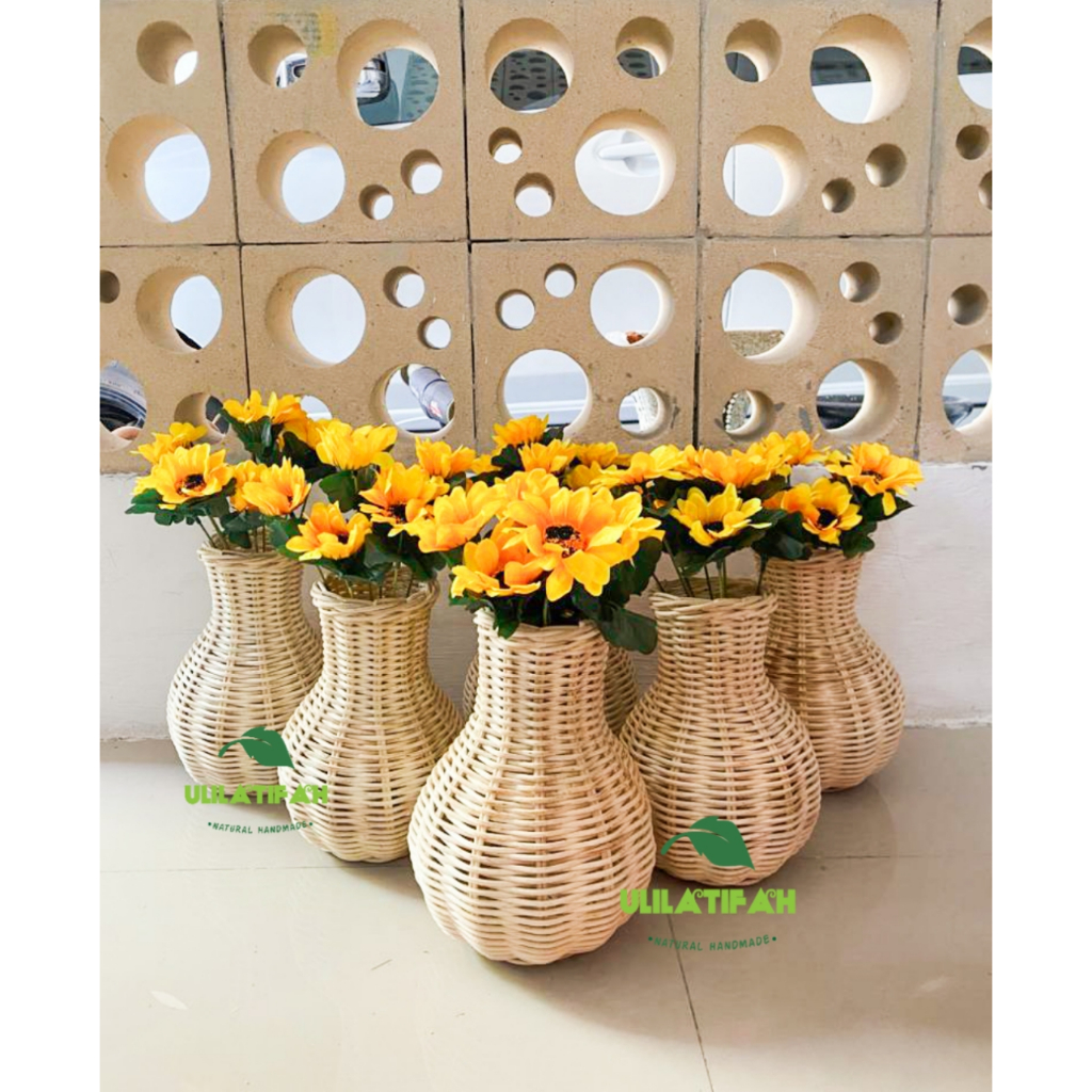 vas rotan mini/pot rotan/hiasan meja/dekorasi ruangan/bejana/bunga/set vas