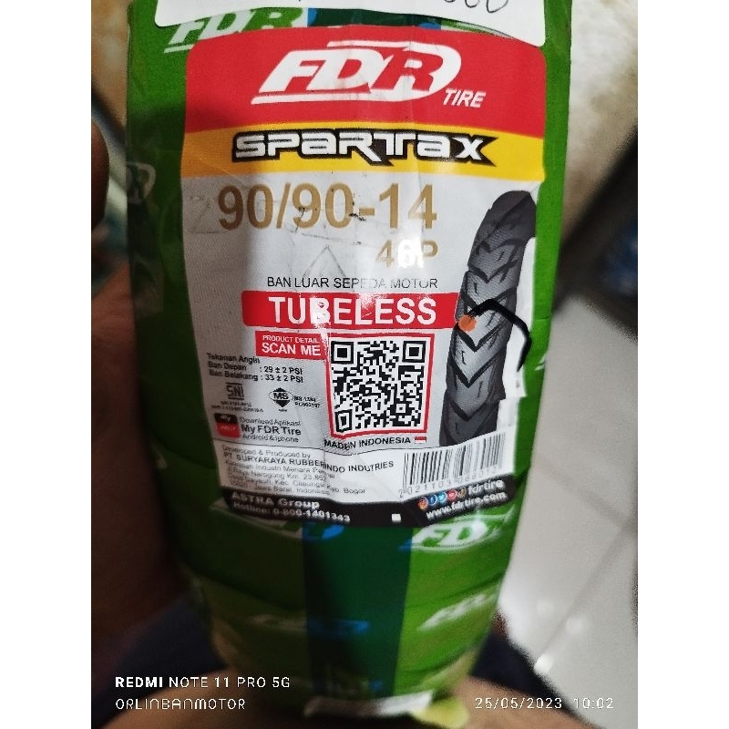 Ban FDR Spartax 90/90-14 Tubles/Ban Belakang FDR Vario150/Ban Belakang Mio Soul GT/Ban Luar FDR Bela