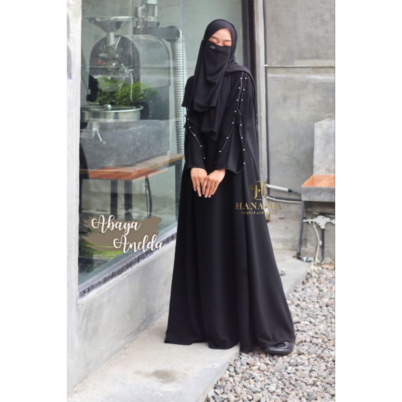 Abaya Anelda Jetblack Hitam Arab Umroh Gamis Hitam Kombinasi Sifon Silk dan Mutiara