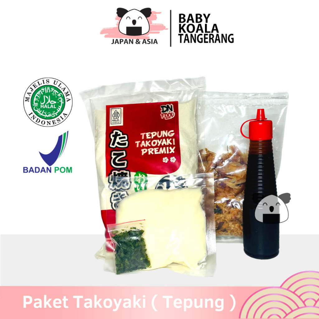 

PAKET BAHAN TAKOYAKI LENGKAP 50 Butir Halal │ Tepung, Katsuobushi, Saus Takoyaki, Aonori.