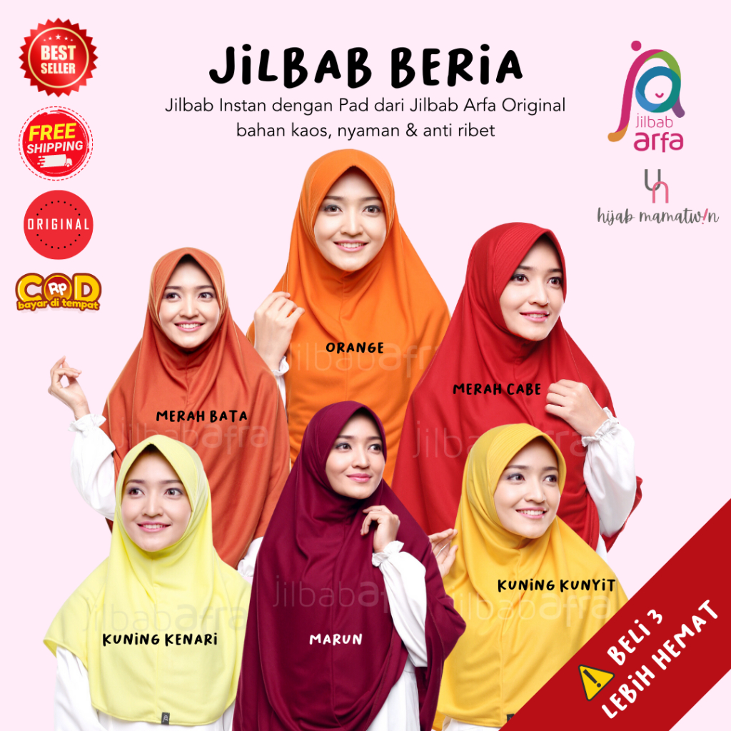 Beria Bergo Pad Topi Red Series by Jilbab Arfa Afra Merah Marun Maroon Bata Cabe Oranye Kuning Kenar