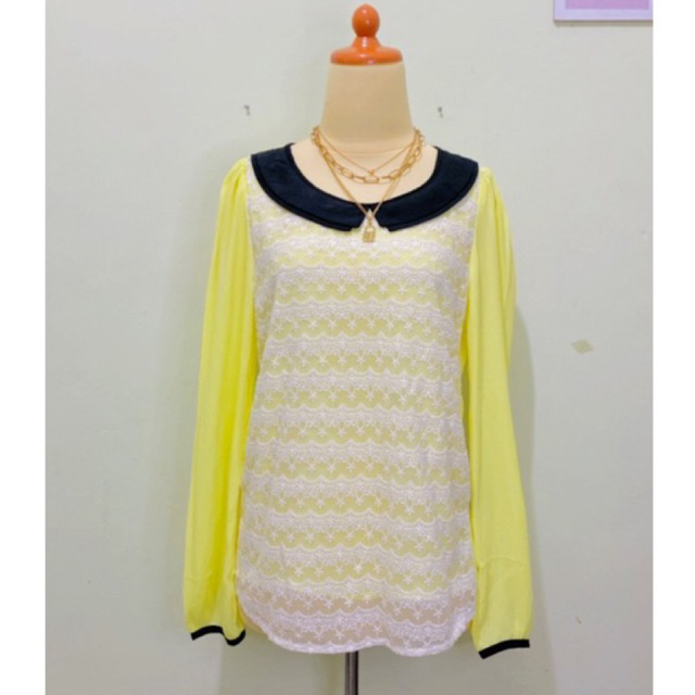 Atasan blouse blus vintage lengan balon kerah sailor peterpan collar bahan polyester mix brokat bruk