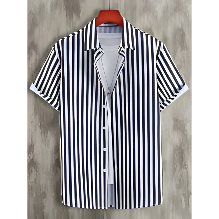 Atasan Hem Kemeja Pria Garis Stripe Salur Hitam Putih Lengan Pendek Casual Cowok