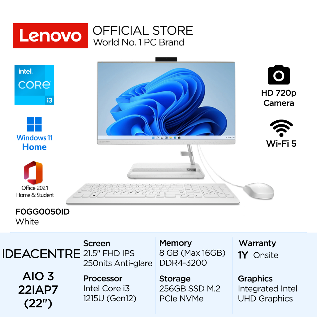 Lenovo PC IdeaCentre AIO 3i 22IAP7 Intel Core i3 1215U Win11 Home 8GB 256GB SSD 21.5" FHD IPS 72% NT