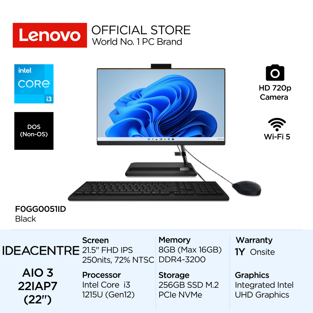 Lenovo PC IdeaCentre AIO 3i 22IAP7 Intel Core i3 1215U DOS 8GB 256GB SSD 21.5" FHD IPS 72% NTSC Anti