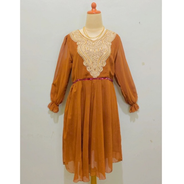 Atasan Blouse Dress Tunik kaftan bahan siffon premium kombinasi bordir lengan balon warna coklat mix