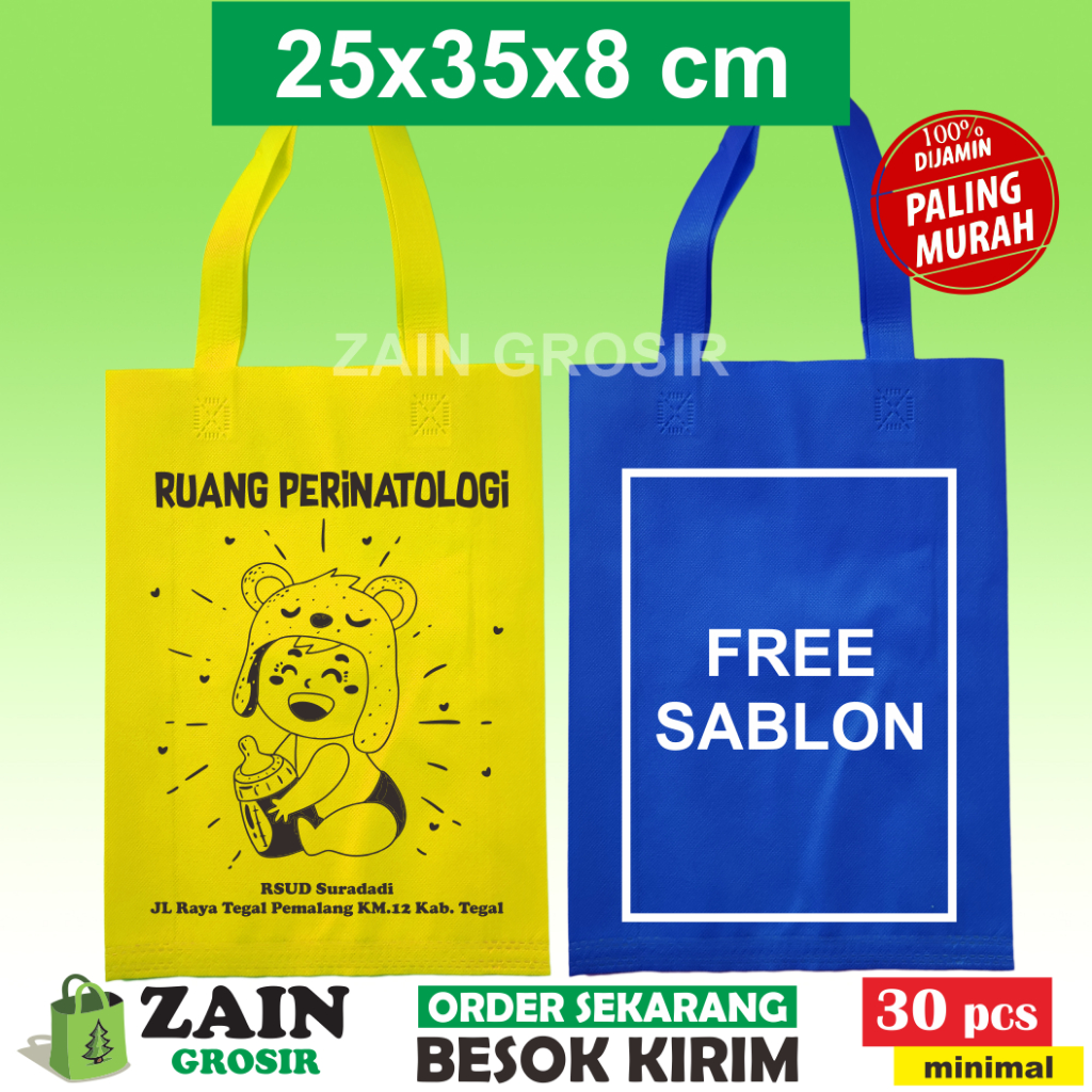 

1 HARI BERES Sablon Custom 25x35x8 Tas spunbond tali kain nonwoven furing press kantong bag goodie souvenir