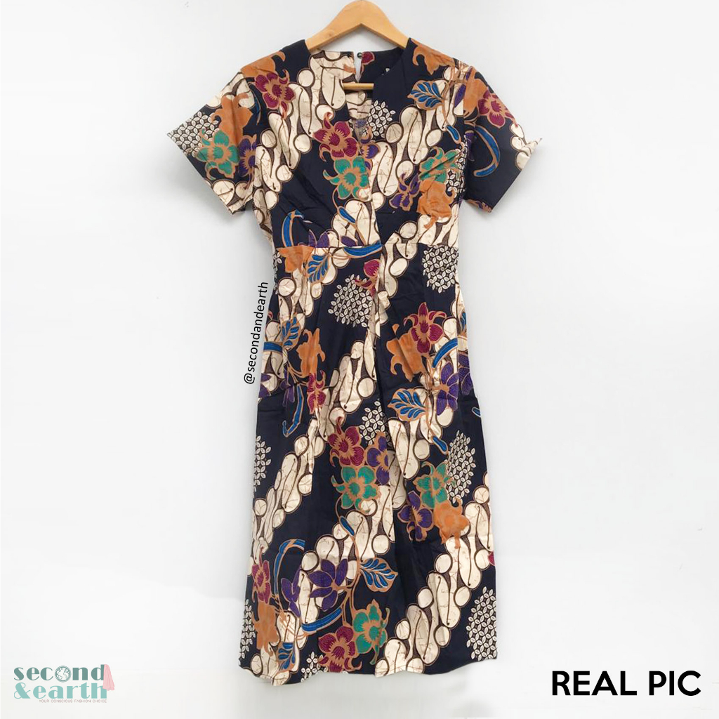 NEW Batik Roemah Dress (M-L) Terusan Kerja Lengan Pendek Lurus Flare ALine Biru Tua Motif Batik Shor