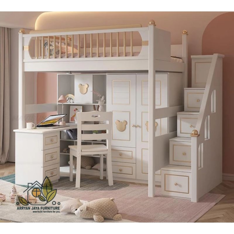 set tempat tidur tingkat anak meja belajar dan lemari