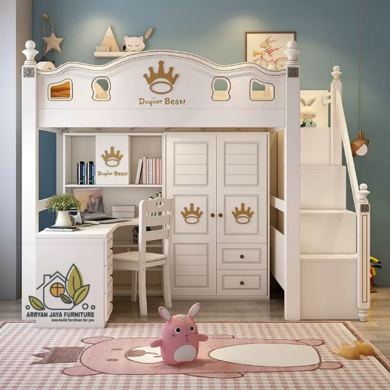 tempat tidur tingkat meja belajar plus lemari