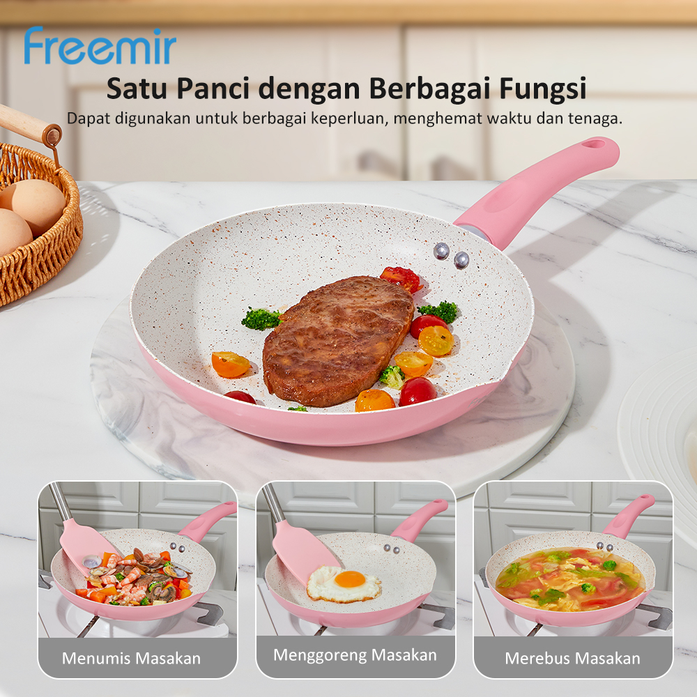 freemir Sakura Series Wajan Pink 24 Cm Moncong Tunggal Serbaguna Menggoreng Menumis Merebus Memanggang Anti Lengket