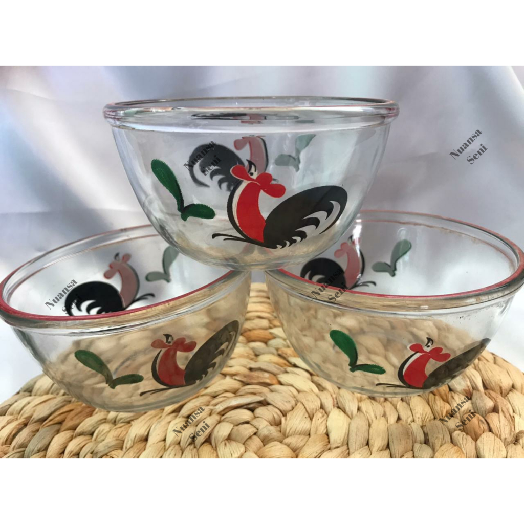 Souvenir Mangkok BIB5.75B Ayam Jago Bening Mangkuk Saji Sop Kaca Motif Mangkok Jumbo Beling