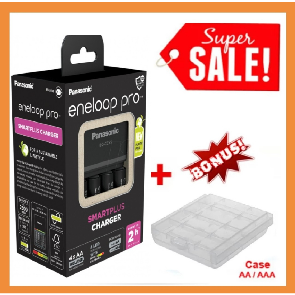Charger Panasonic BQ CC 55 Smart & Quick 2 jam eneloop Pro AA 4bh dan CASE A2 BQ- CC55 FLASH ACCESSO